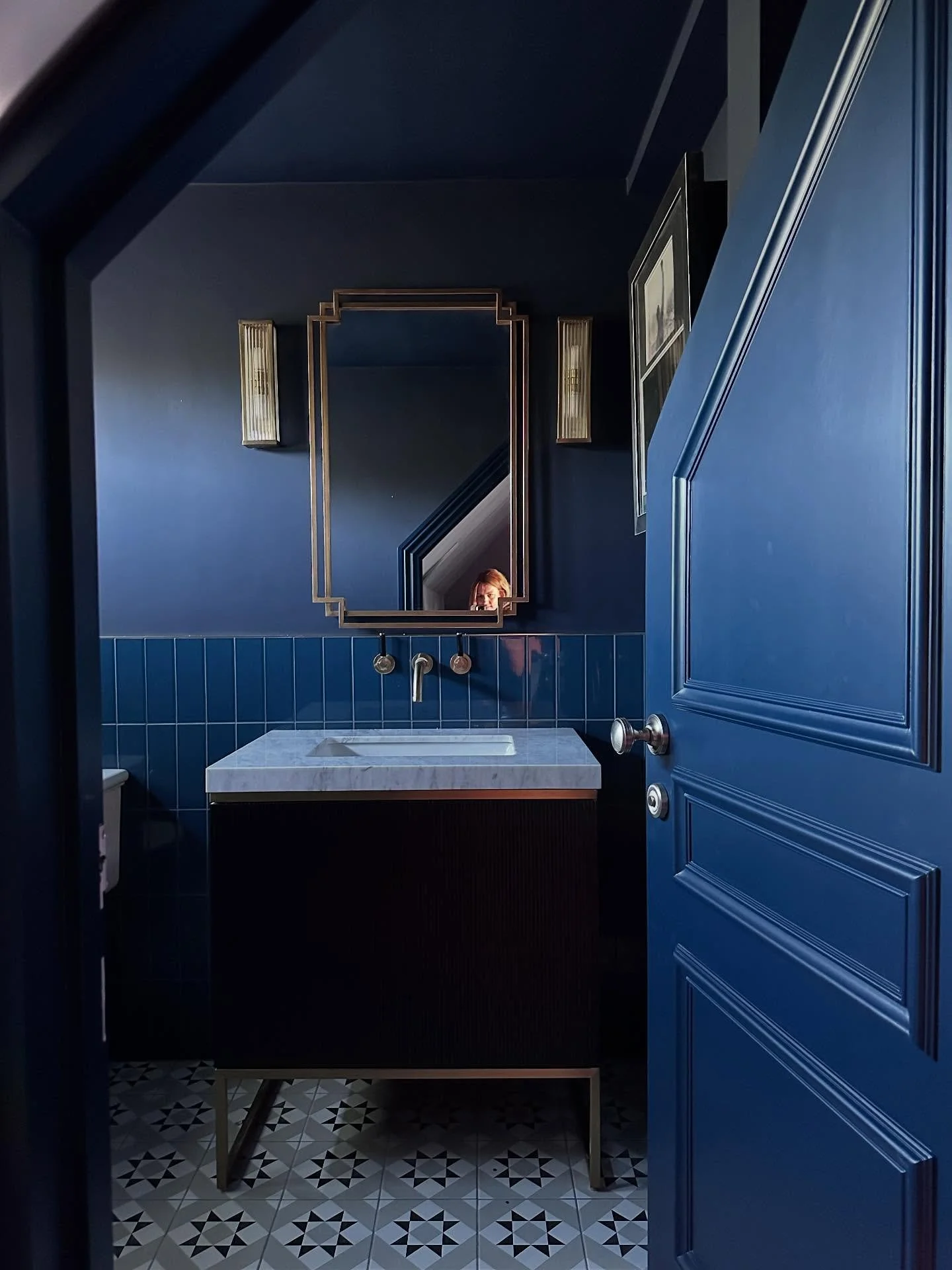 This beautiful blue bathroom deserves its own little spot on the grid!! 

This bathroom is joined to a cinema room so we leant into the &lsquo;Everyman&rsquo; vibe and created a rich and luxurious art deco drenched space. I had so much fun designing 