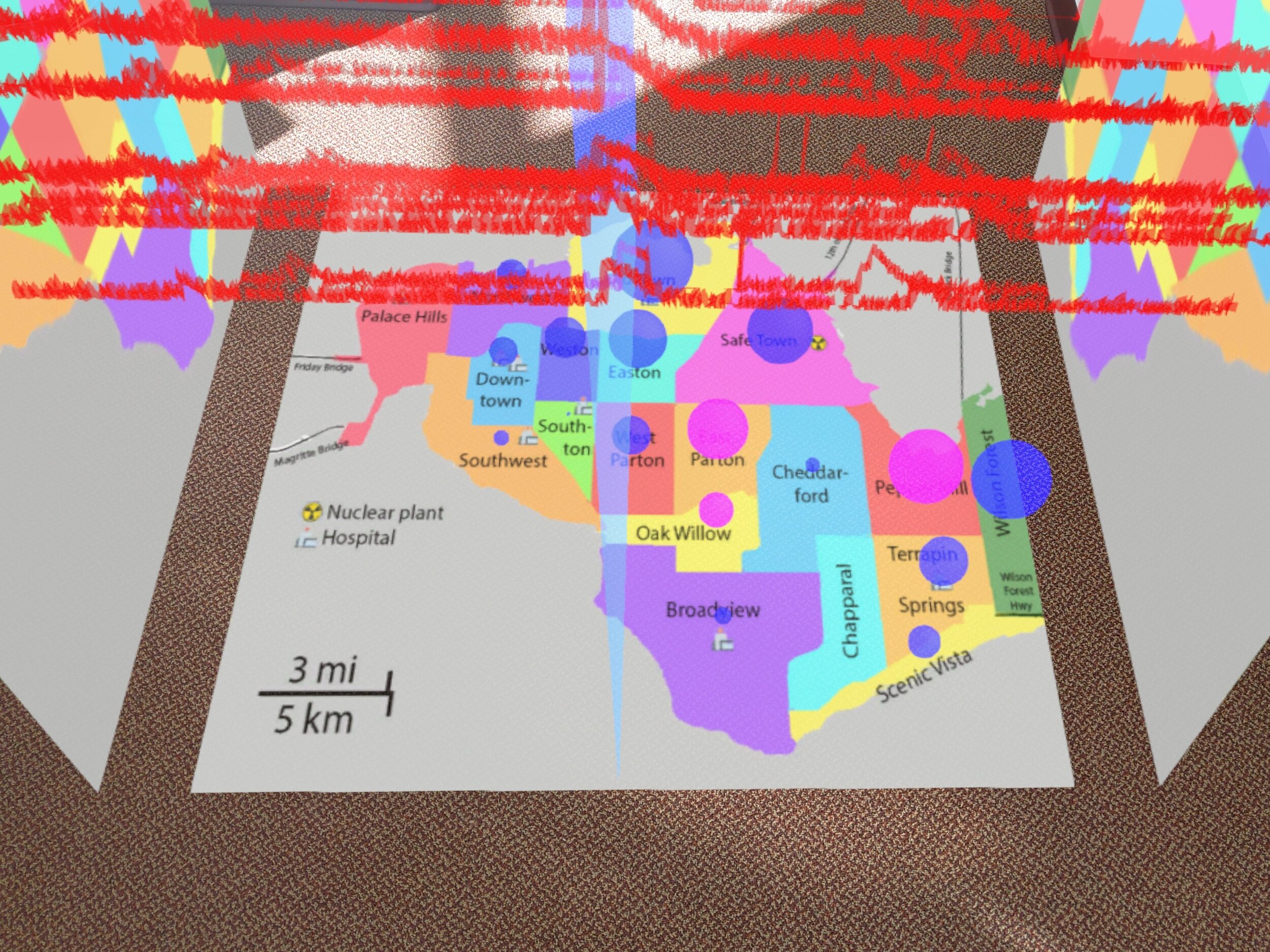 The interactive selection of data is called brushing. The color of a data sphere
toggles when brushed. Three data spheres are brushed in the floor CMV.
