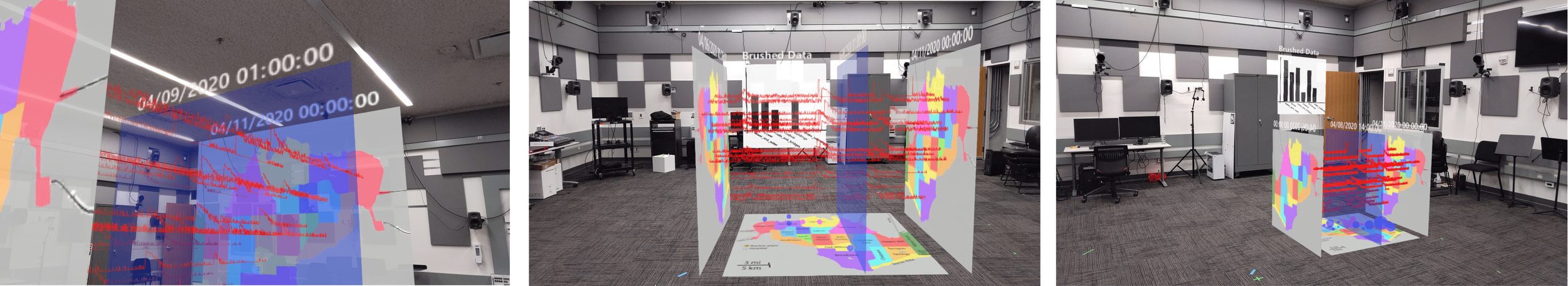 Three frames of reference (FORs) based on various scales of visualization.
(Left) Egocentric FOR: A room-scale visualization. (Right) Exocentric FOR: A tabletop-sized visualization. (Center) Tethered FOR: In-between the visualization scale of egocen