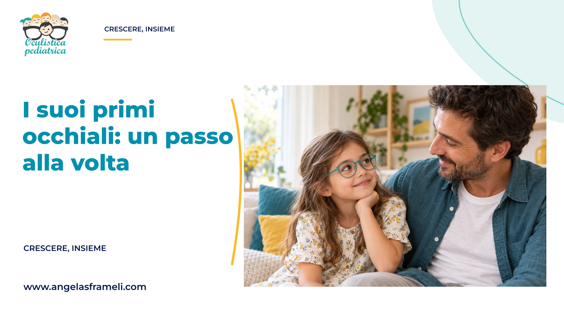 Scena illustrativa di una bambina con occhiali turchesi accanto al padre.