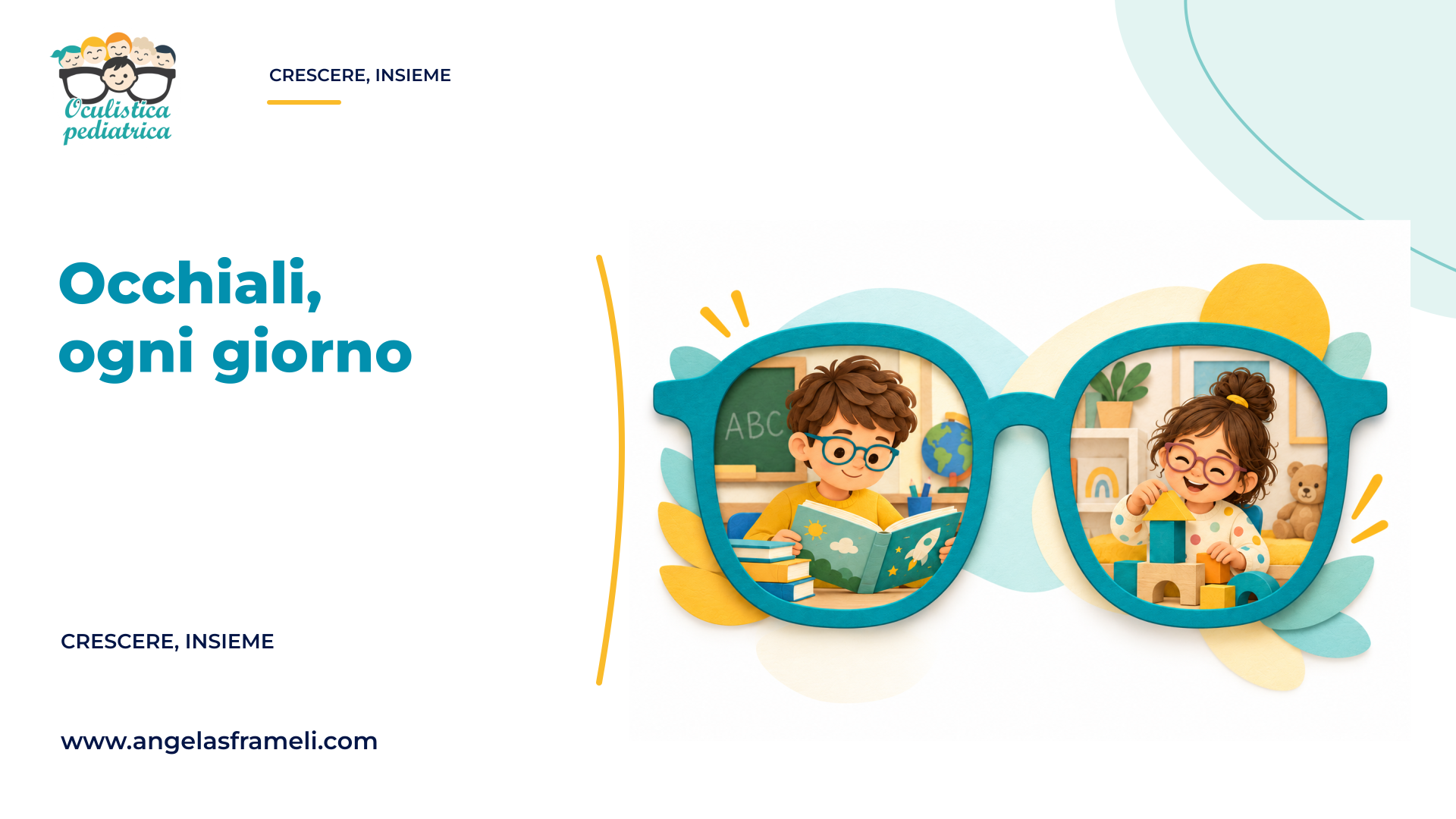 Illustrazione di occhiali turchesi che racchiudono un bambino che legge e una bambina che gioca.