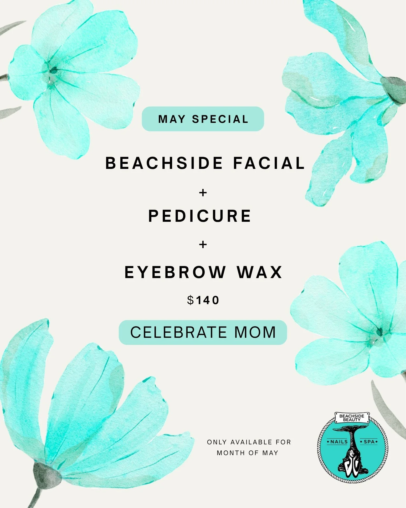 🌺 May Special is here! 🌺

Celebrate mom or simply take a moment for you 💕

Enjoy our Beachside Facial, Pedicure + Eyebrow Wax for just $140

Fresh skin, polished toes, and perfectly shaped brows, all in time for summer ☀

Available all May 

 #des