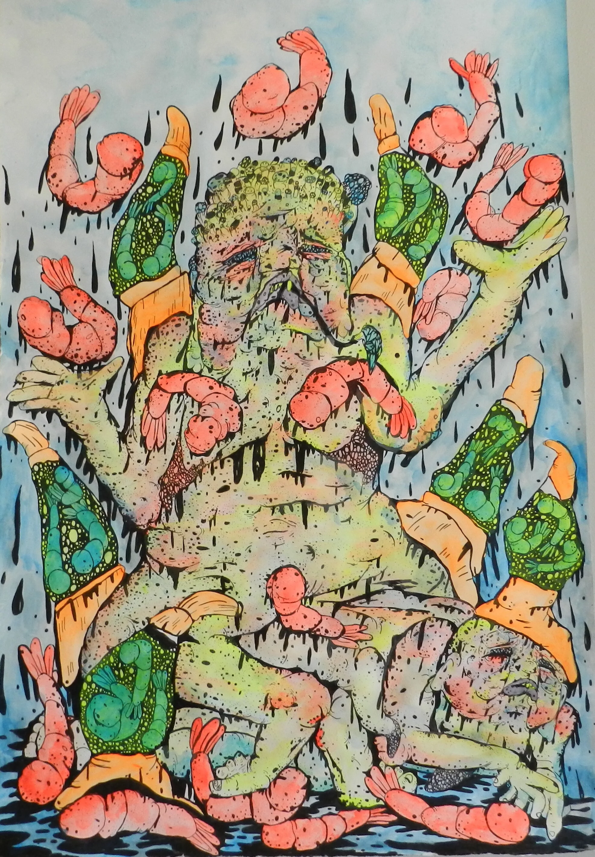  black light ink, M&amp;Ms, india ink on paper, 30” x 20” 