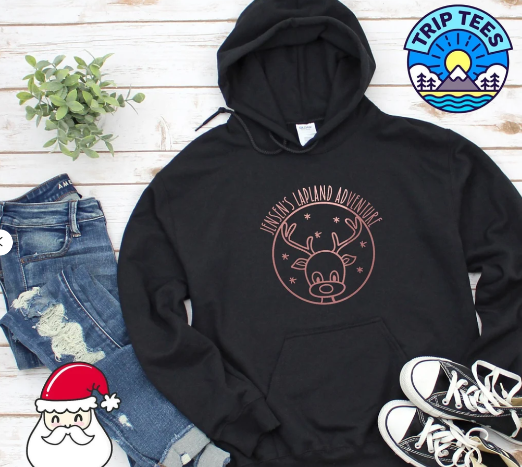 Personalise me! Childrens or Adults name Lapland adventure hoodie/ Doodle reindeer design / Black or navy hoodie with rose gold print