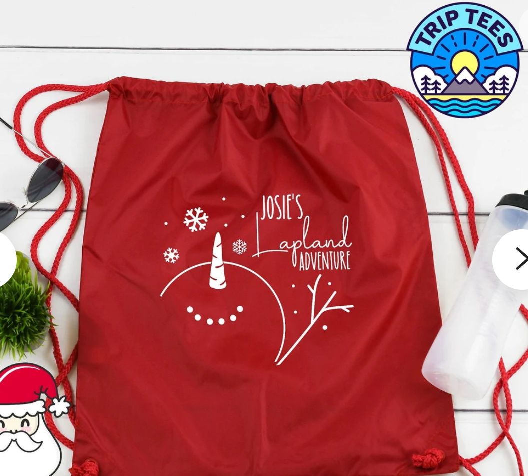 Personalise Me! NAME Lapland adventure snowman design drawstring bag / reveal idea