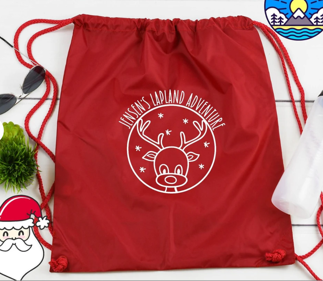 Personalise Me! NAME Lapland adventure reindeer design drawstring bag / reveal idea / sketch design