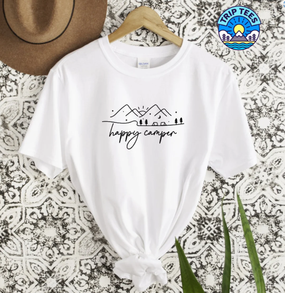 Adults Unisex Happy Camper slogan /tent camping custom print t-shirt / relaxed fit unisex camping tee