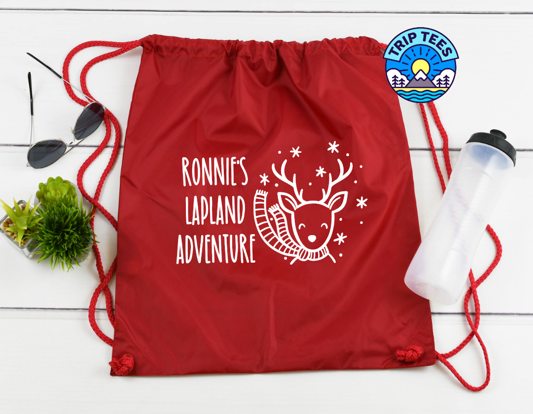 Personalise Me! Family Name Lapland adventure doodle reindeer design drawstring bag / reveal idea