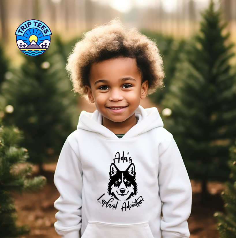 Personalise me! Childrens and Adults Husky design Lapland adventure white hoodie