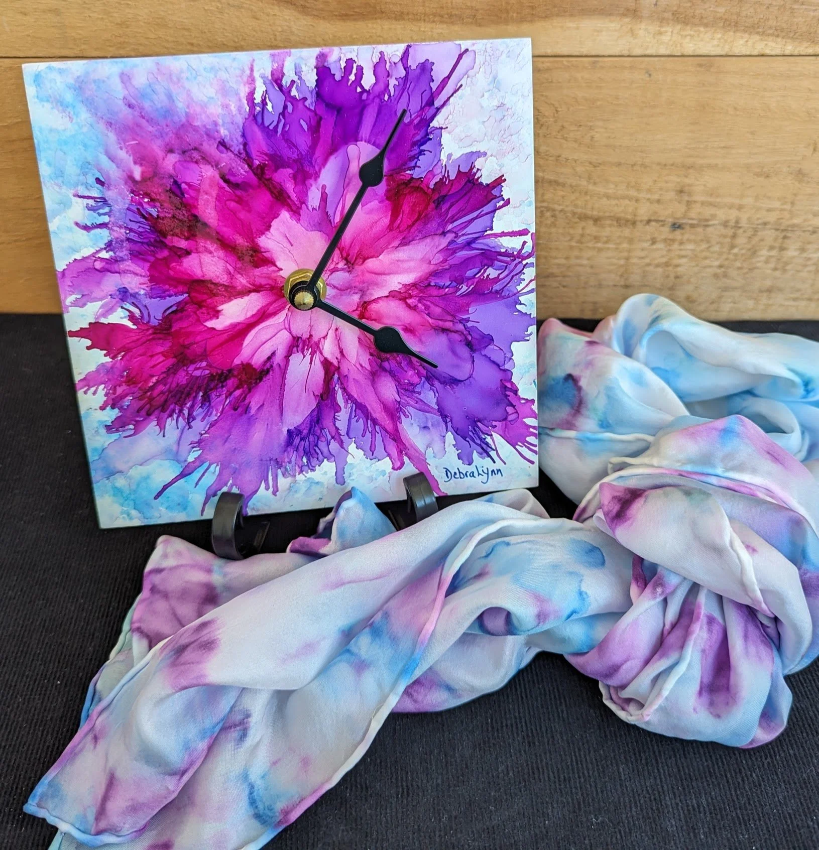 Floral Clock Art  & Tie Dyed Silk Scarf