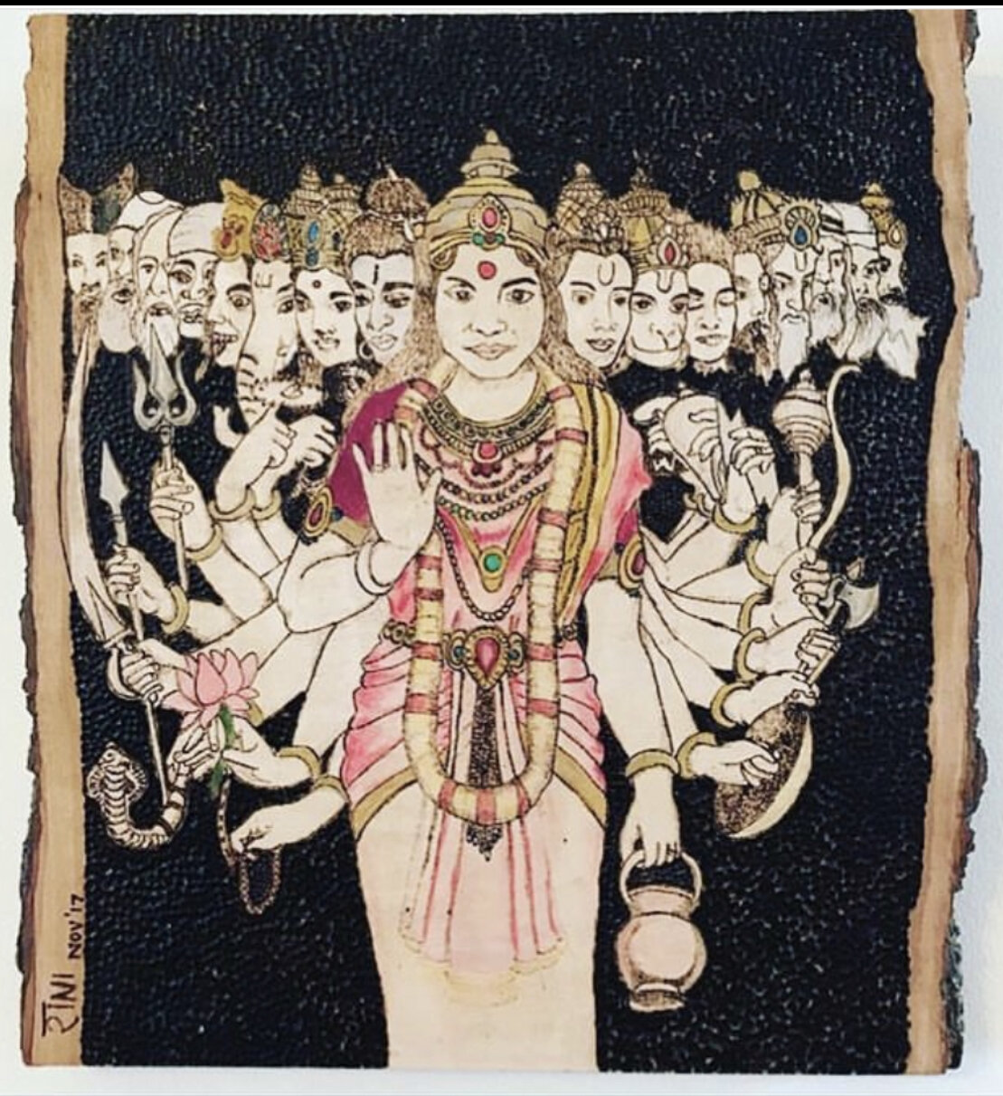 "The Great Goddess" SOLD. 11" x 14" inches Wood burned, painted, varnished, $ 350 / Awg 620