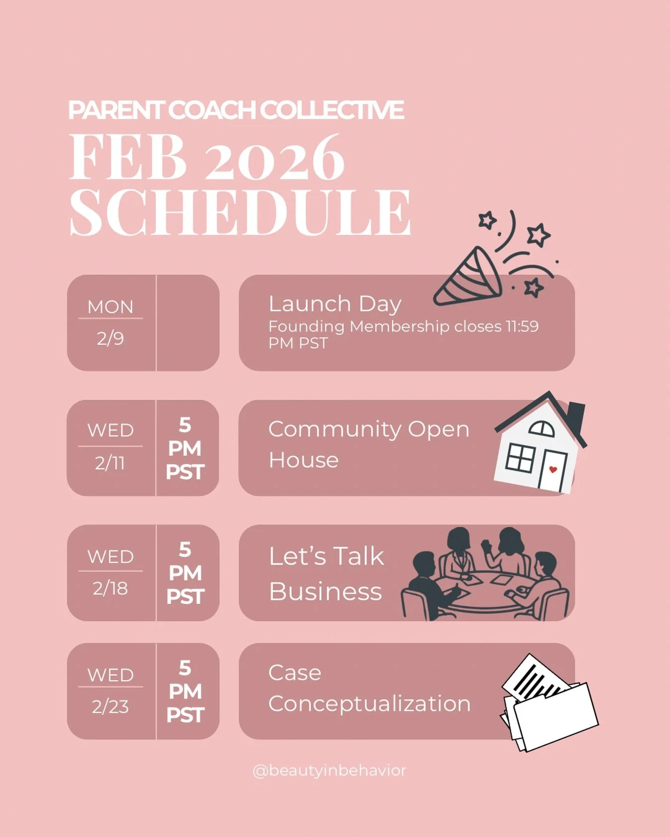 Sneak peek of what's happening inside of the Parent Coach Collective this month!

🎉Feb 9: Launch Day
Founding member pricing of $15/month ends at 11:59 PM PST. After that, membership will be $29.99/ month.lf you know someone who should be in this ro