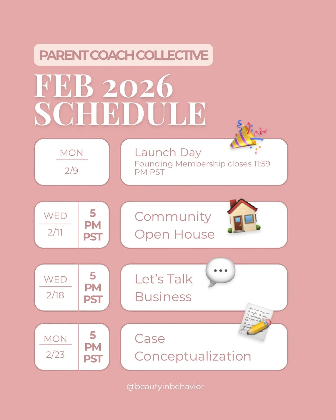 *Repost* Had to edit a date! 🗓️

Sneak peek of what's happening inside of the Parent Coach Collective this month:

🎉Feb 9: Launch Day
Founding member pricing of $15/month ends at 11:59 PM PST. After that, membership will be $29.99/ month.lf you kno