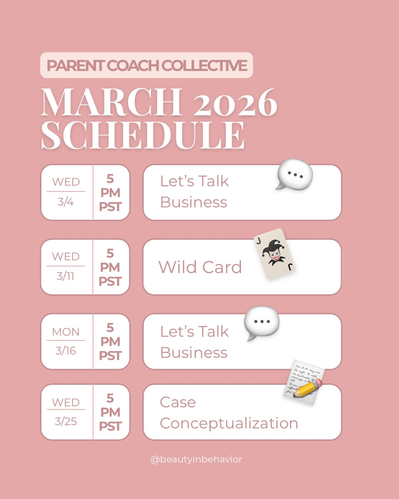 Our March schedule is live for the Parent Coach Collective 🗓️✨

Based on high attendance at February&rsquo;s Let's Talk Business call, we&rsquo;re bringing it back twice in March!

Our 3/11 wild card session was originally planned for discussing mod
