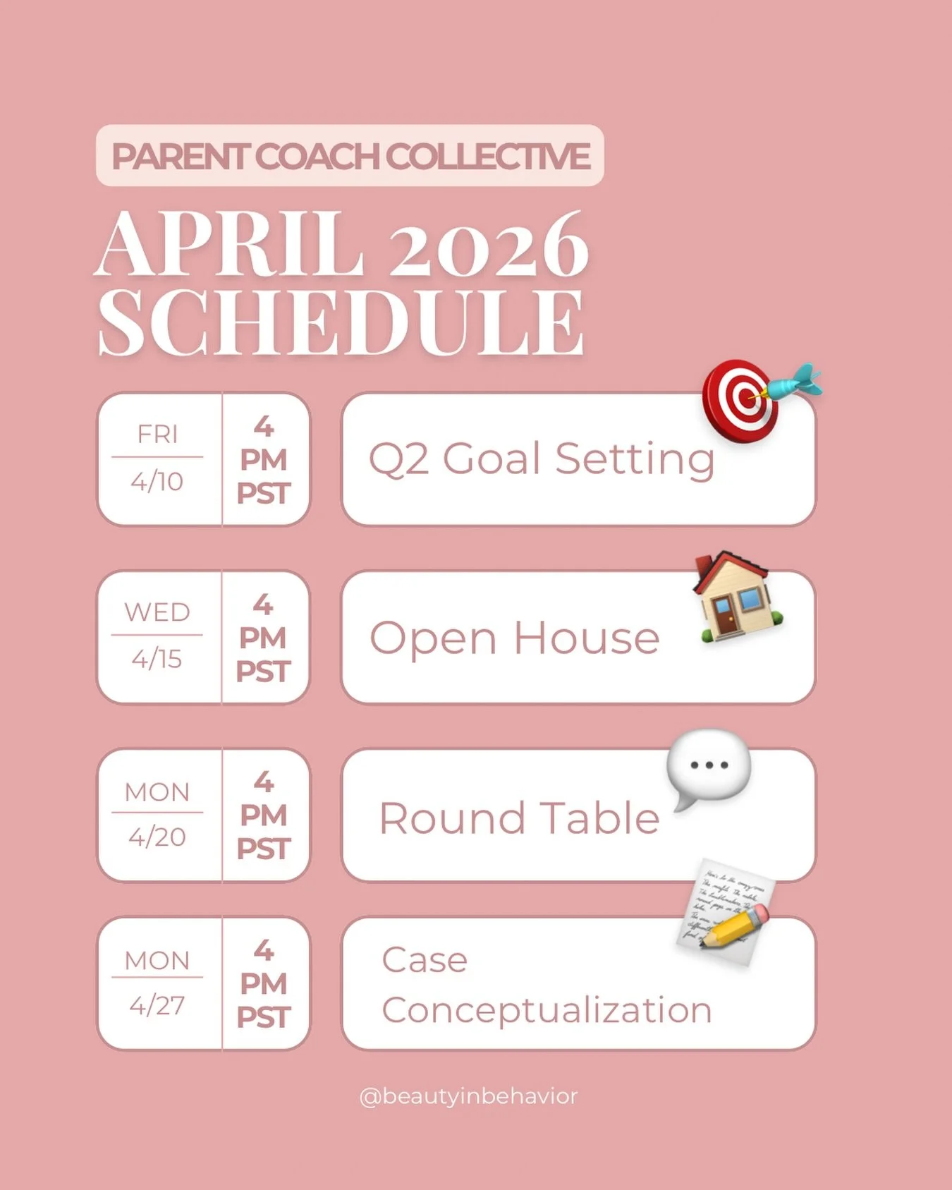 The Parent Coach Collective April Calendar Drop 🗓️✨

4PM PST👇

🎯Q2 Goal Setting (4/10):
We&rsquo;re kicking off Q2 with intention. This session is focused on getting clear on your next moves, whether that&rsquo;s business growth, personal goals, o