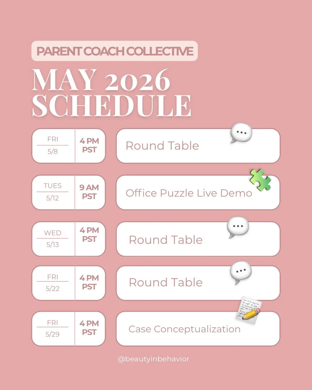The Parent Coach Collective May Calendar Drop 🗓️✨

💬 Round Table (5/8):
Our go-to space for real conversations. Business, boundaries, growth, whatever&rsquo;s coming up, we talk it through with people who get it.

🧩 Office Puzzle Live Demo (5/12) 