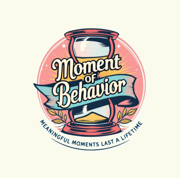 An illustration of an hourglass with a pink background, gold accents, and leaves. The text reads "Moment of Behavior" with a slogan underneath that says "Meaningful moments last a lifetime".
