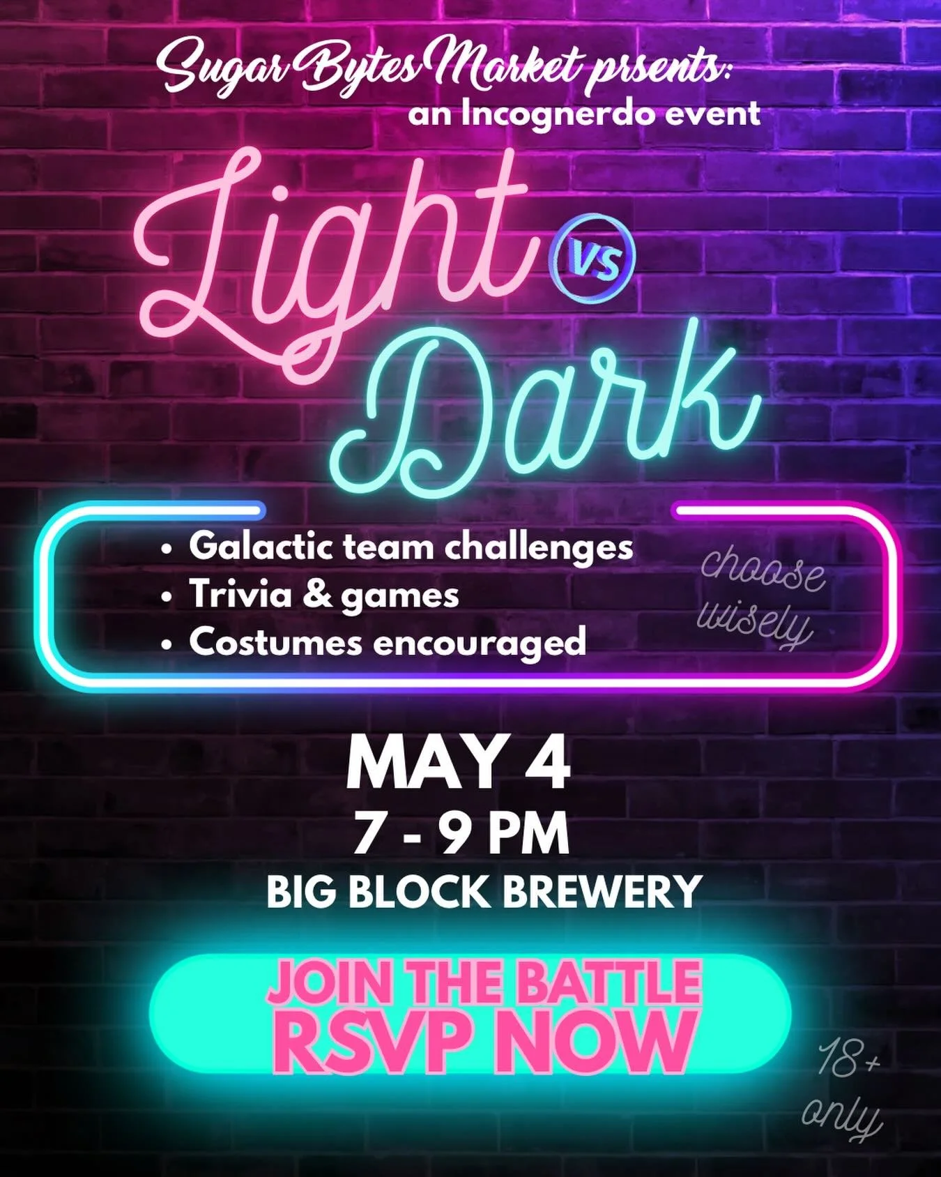 ✨ May the 4th be with you ✨

Tonight&rsquo;s the night.

Light Side 🌟 or Dark Side 🖤&mdash;pick your team, grab a drink, and come play.

No pressure. No cliques. Just good people, a little chaos, and a really fun way to spend your Monday night.

Co