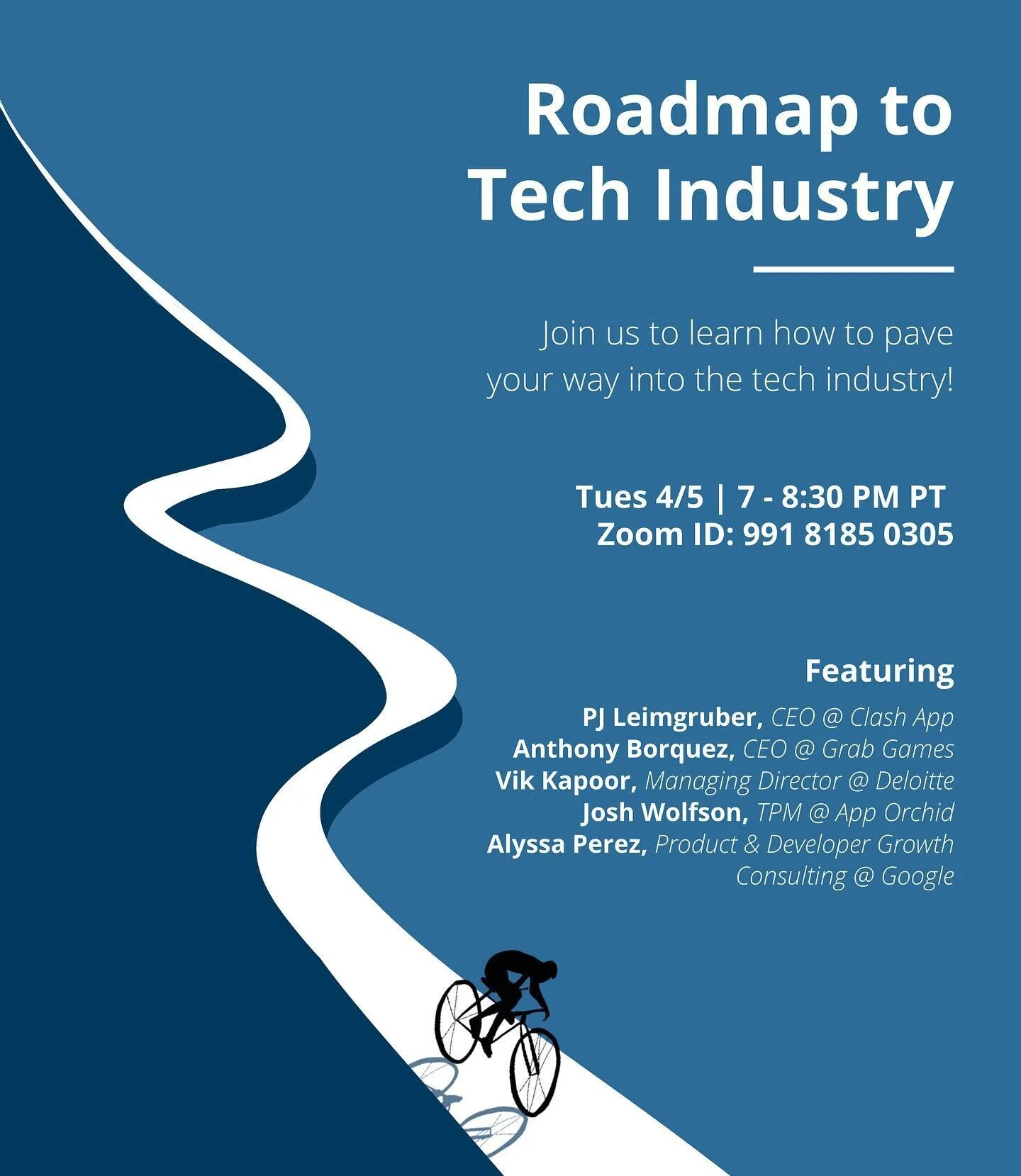 Join us on Tuesday, April 5th at 7 PM to learn how to pave your way into tech with industry-leading professionals!

Open to all USC students via Zoom. 📍🗺