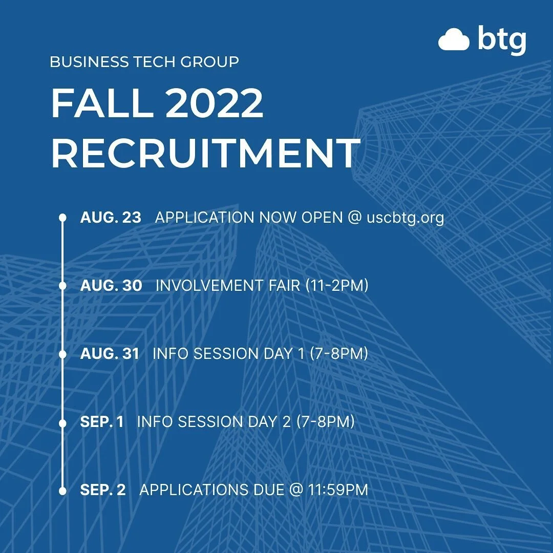 Announcing our official Fall 2022 recruitment timeline! Hope to see you all at the involvement fair and info sessions 💙 

#recruitment #uscmarshall #businesstech