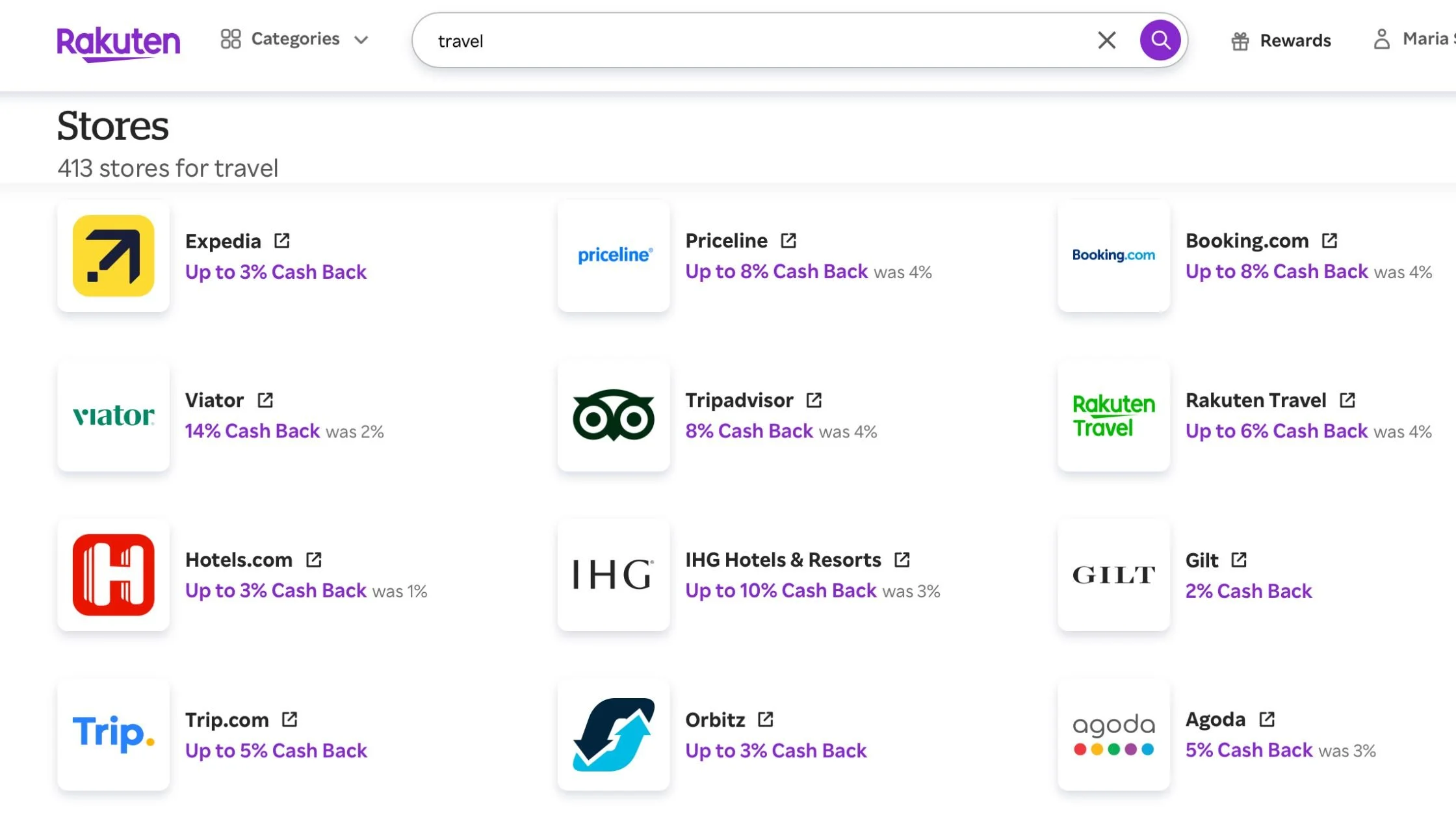 Rakuten travel search results showing Expedia, Priceline, Booking.com, Viator, Tripadvisor, Hotels.com, IHG, Trip.com, Orbitz and Agoda