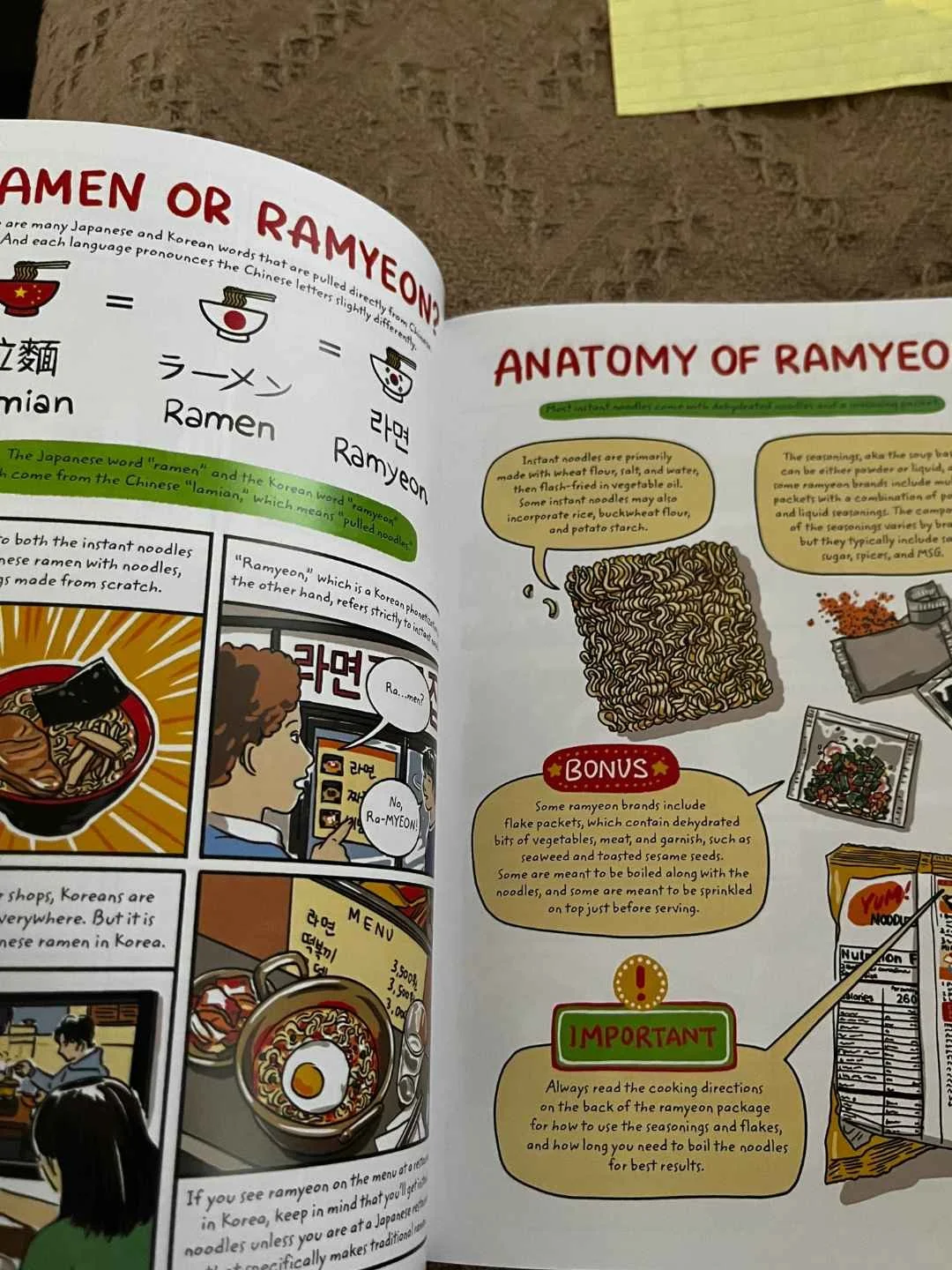 Illustrated pages from Robin Ha’s Instant Noodles & Beyond explaining ramen, ramyeon, and the anatomy of instant noodles.
