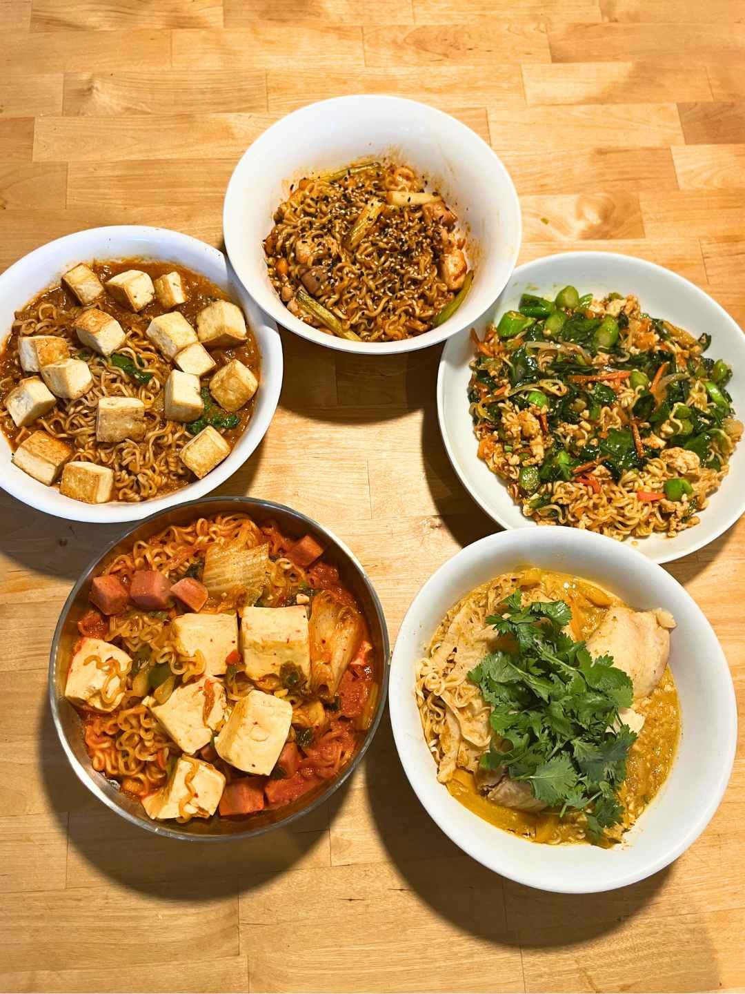Five finished recipes tested from Instant Noodles & Beyond, including curry, Pad See Ew, Masala, Kimchi Jjigae, and Kung Pao instant noodles.
