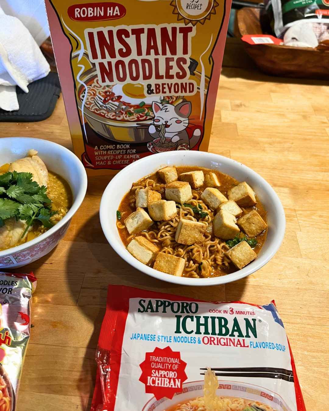 Masala-spiced instant noodles with chicken, made with Sapporo Ichiban
