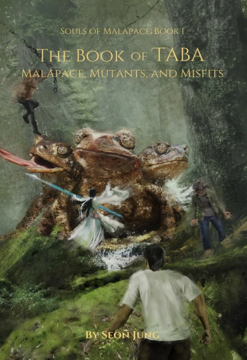 Illustrated cover of The Book of Taba by Seon Jung, featuring a frog in a hoodie surrounded by symbols, hinting at a surreal and action-heavy fantasy setting.