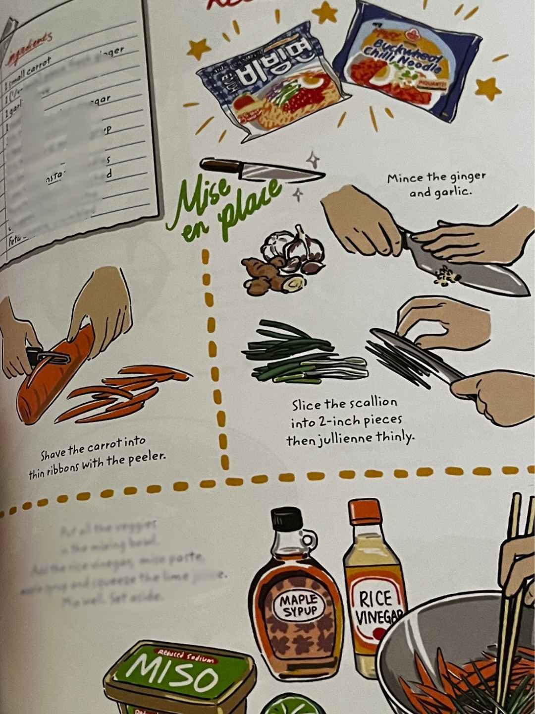 Illustrated recipe page from Instant Noodles & Beyond showing step-by-step cooking drawings and recommended instant noodle brands.
