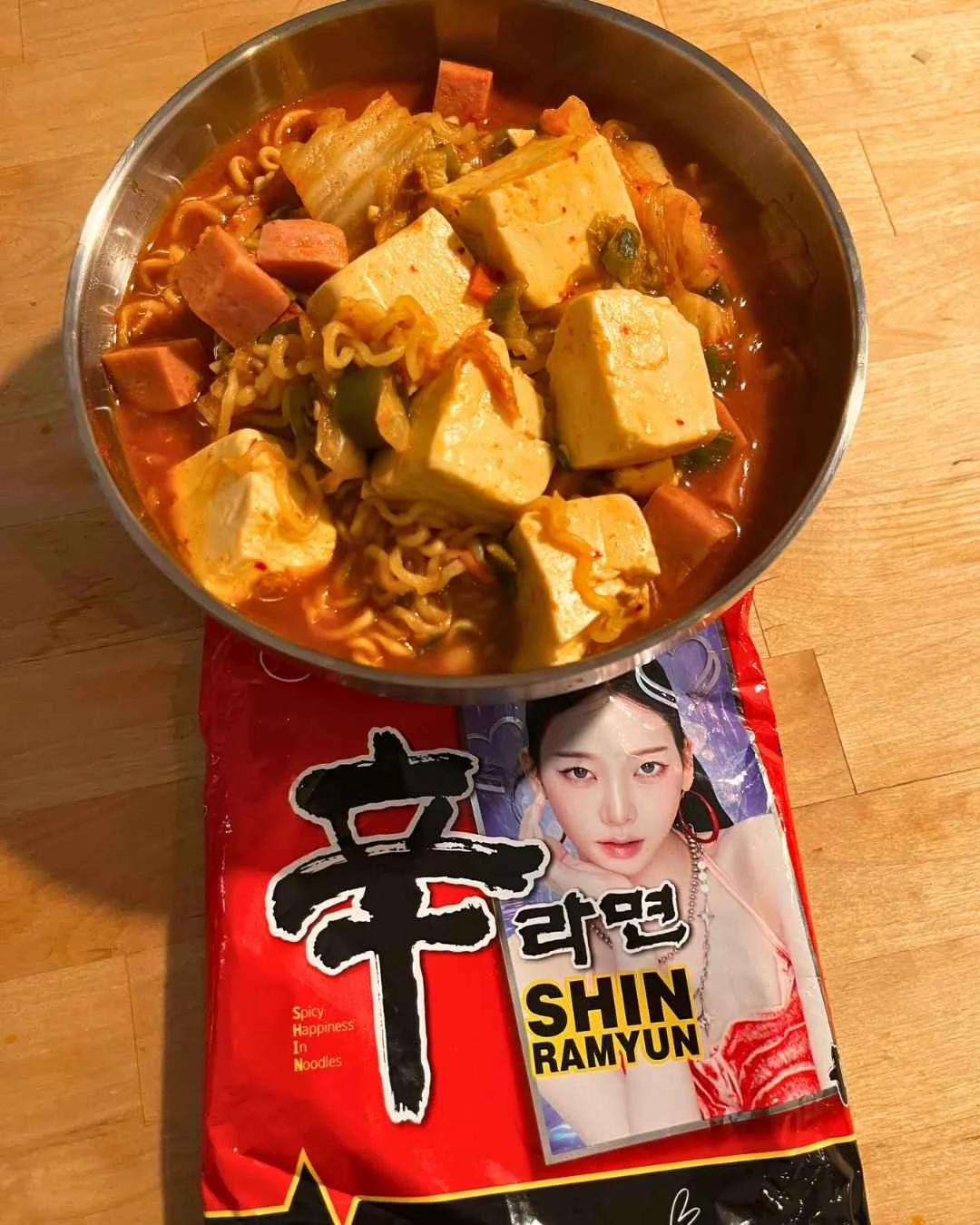 Kimchi jjigae instant noodles with Spam and tofu, made with Shin Ramyun