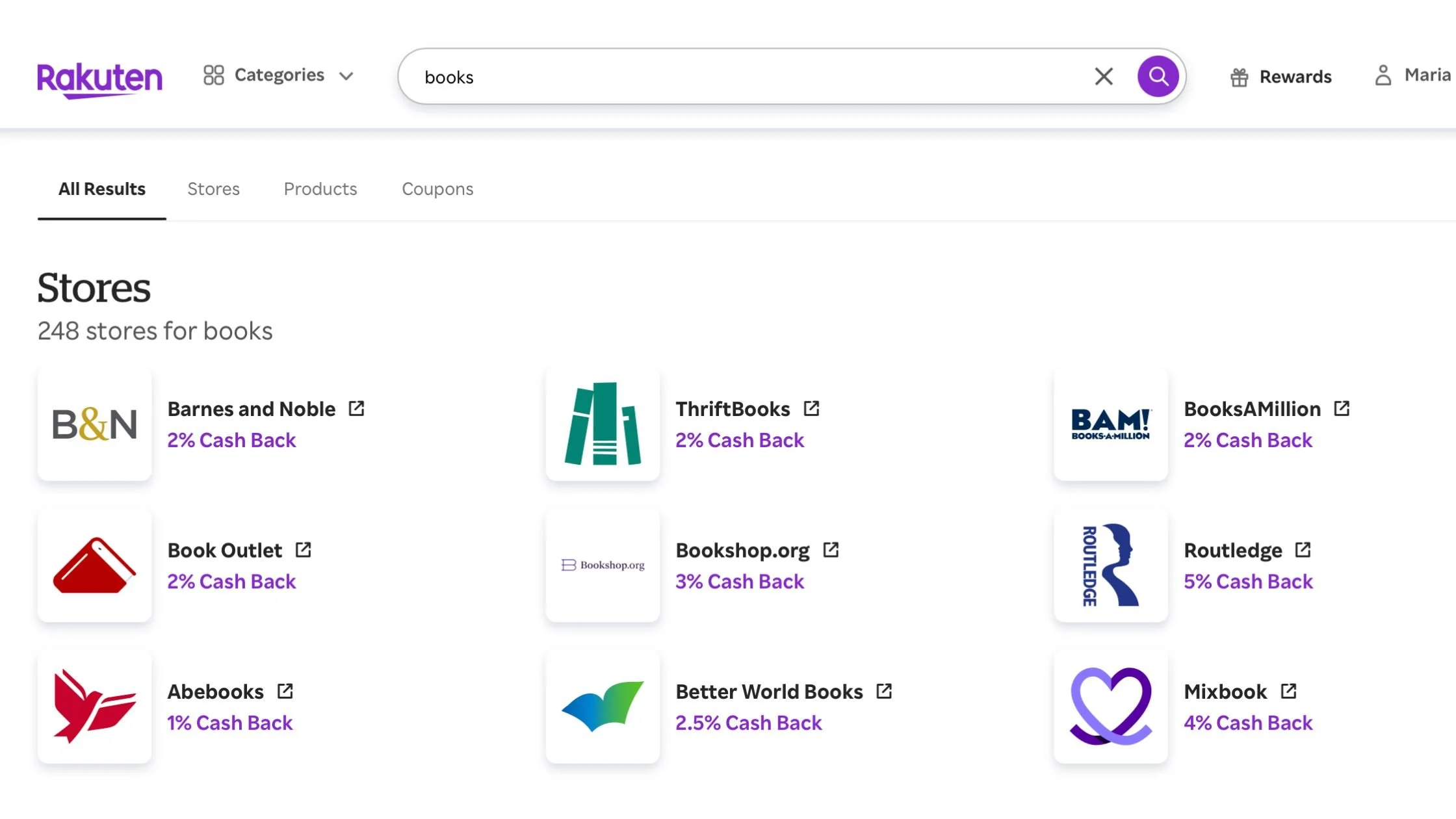 Rakuten book search showing Bookshop.org, Barnes and Noble, ThriftBooks, Book Outlet, AbeBooks and Better World Books