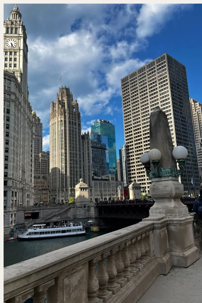 Chicago skyline and river view with the Wrigley Building and Tribune Tower
