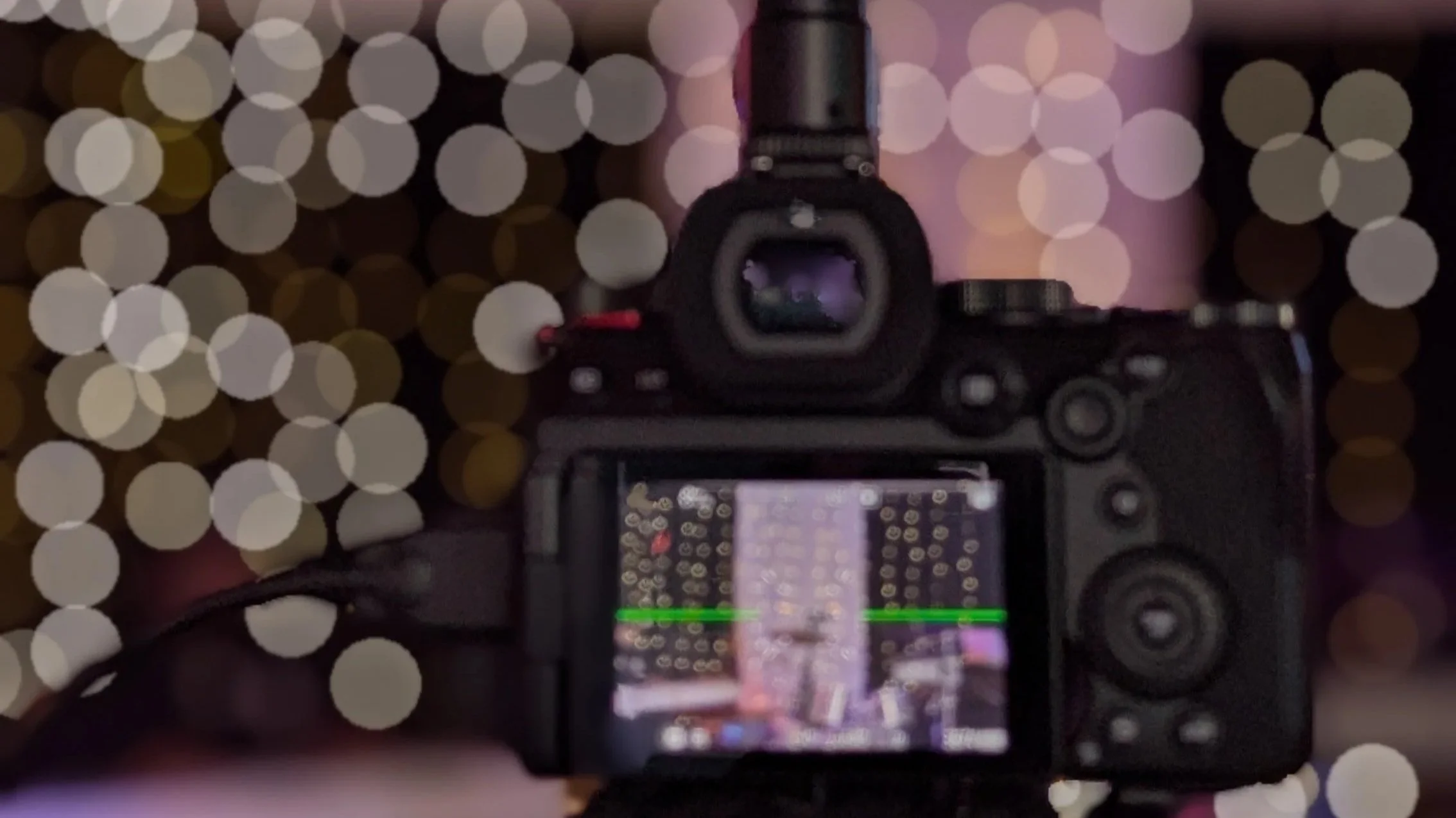 Professional video camera recording a scene with an on-camera monitor and blurred lights in the background.