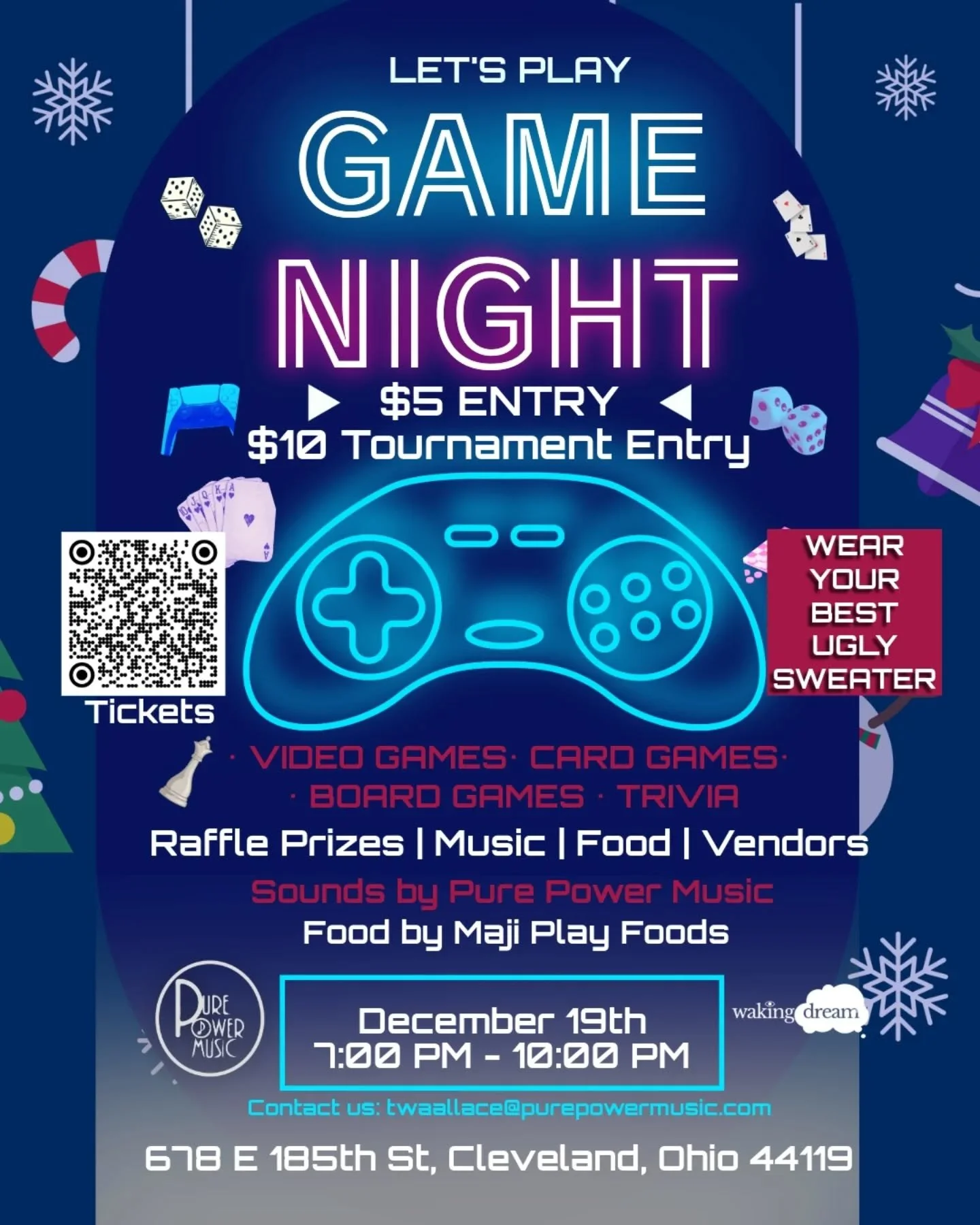 Ugly Sweater time 🎄❄️!! December 19th - Game Night (Board Games, Card Games, Beer Pong, Video Gaming, Raffle Prizes and Vendors)

December 20th - Open Mic Night [Xpression Studio Series] (Live Music, Local Talent, and Great Energy)

December 21st - 
