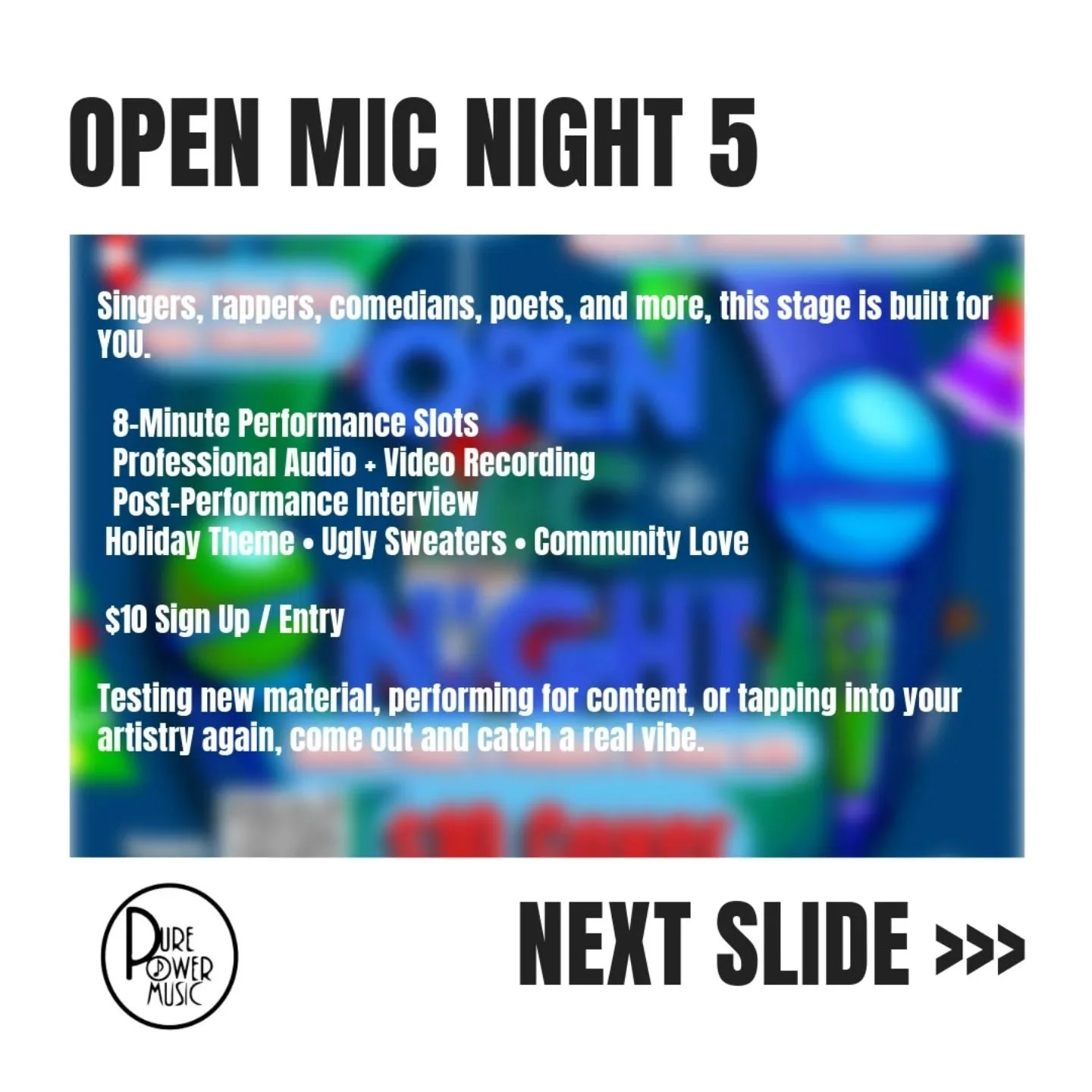 A full weekend of creativity, talent, energy, and community. 🎤🎮🥁

Tap into any event or pull up to all three.

Friday December 19th - Game Night, 7pm
Saturday December 20th - Open Mic Night, 7pm
Sunday - December 21st - Power x Play, 11am

Click t