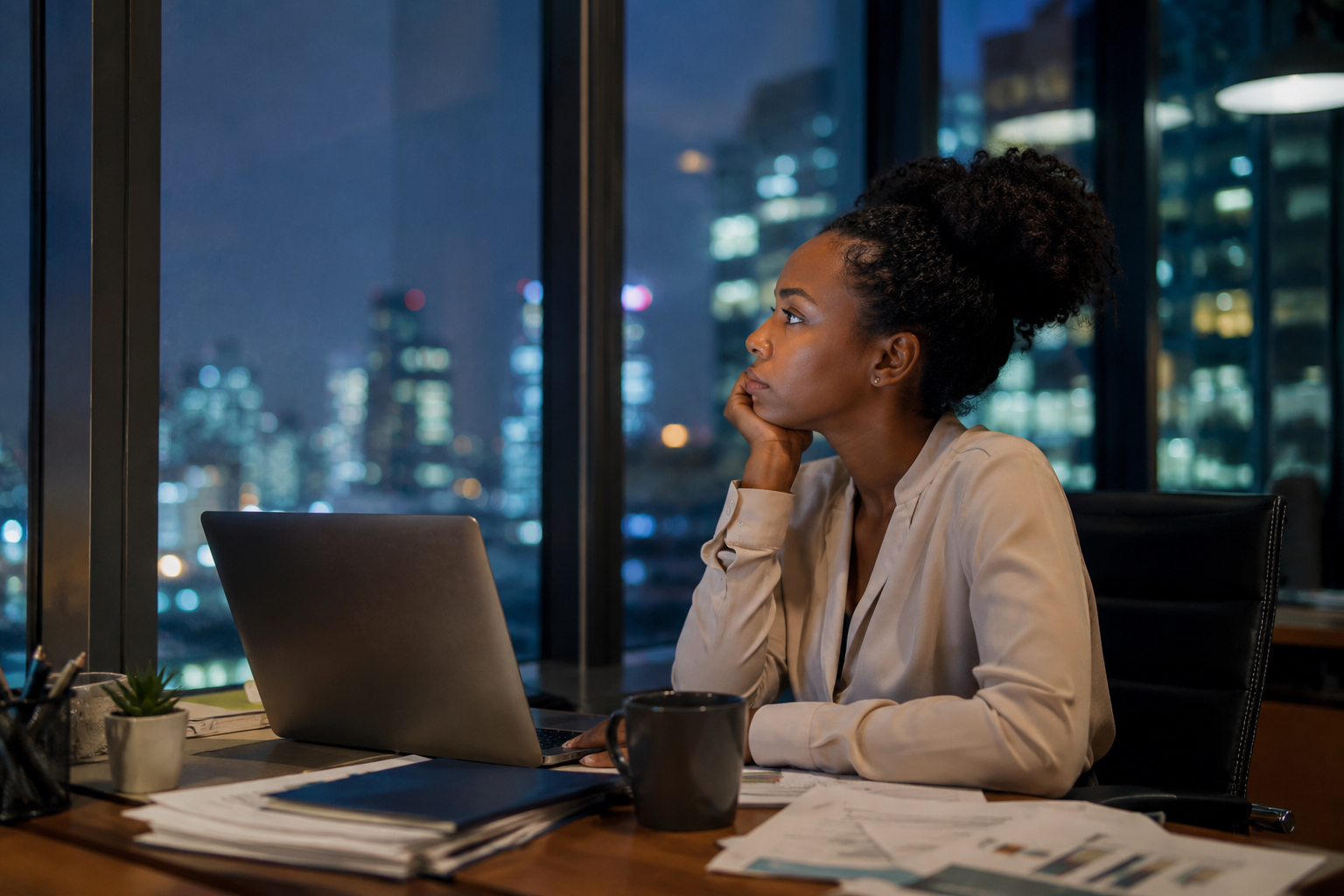 Black woman sitting alone at her office desk after hours, looking out a window at the city skyline while working on a laptop, reflecting signs of workplace stress, exhaustion, and burnout.