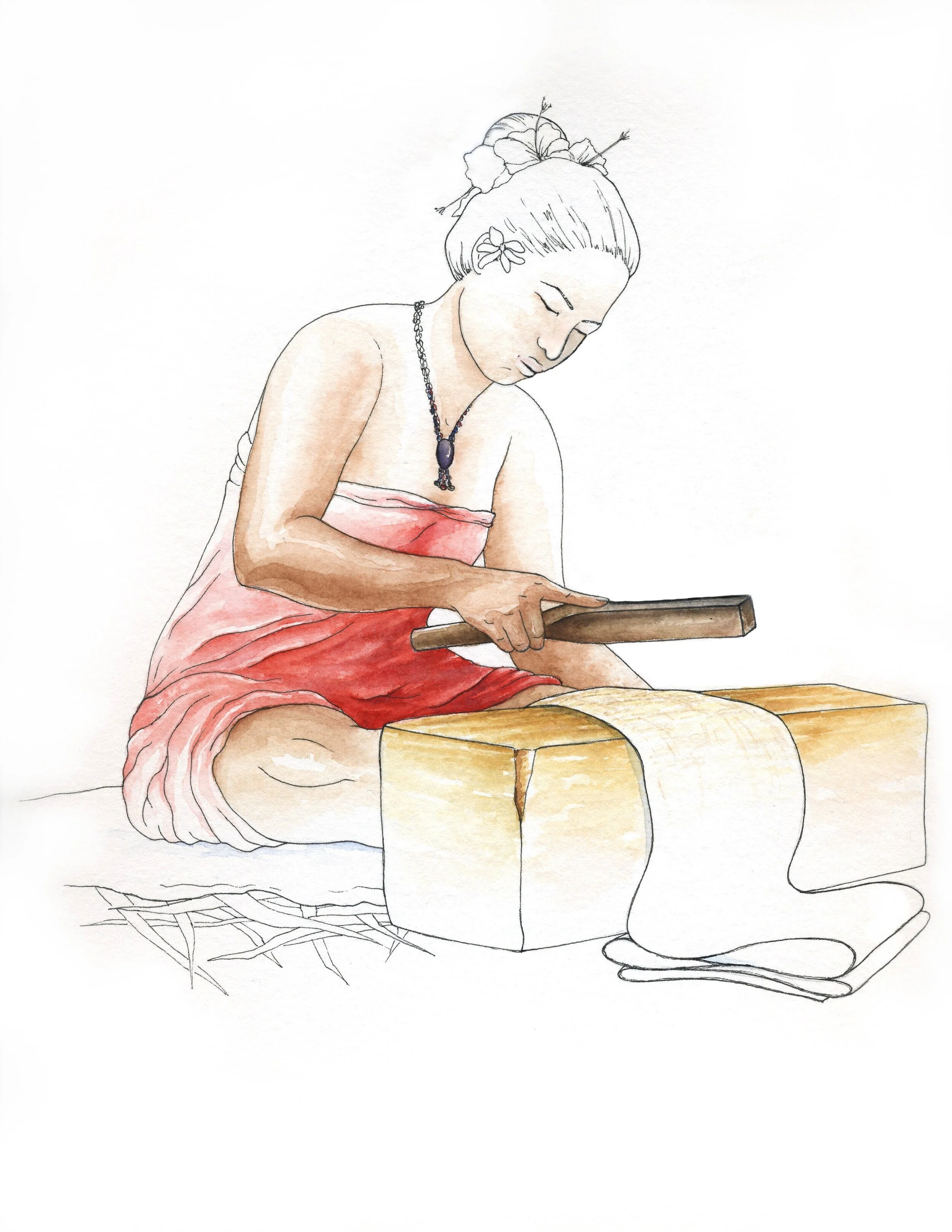 Tahitian woman making tapa cloth; mammal taxonomy | 14" x 15" | Ink + Watercolor on Paper