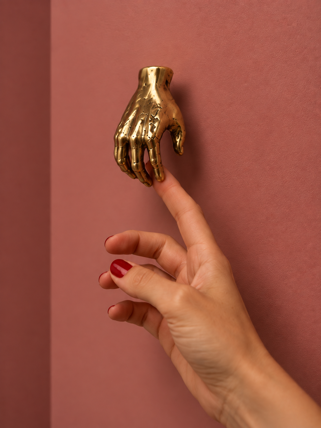 Poignée HANDY en forme de main, en laiton poli, touchée du doigt sur un fond rose.