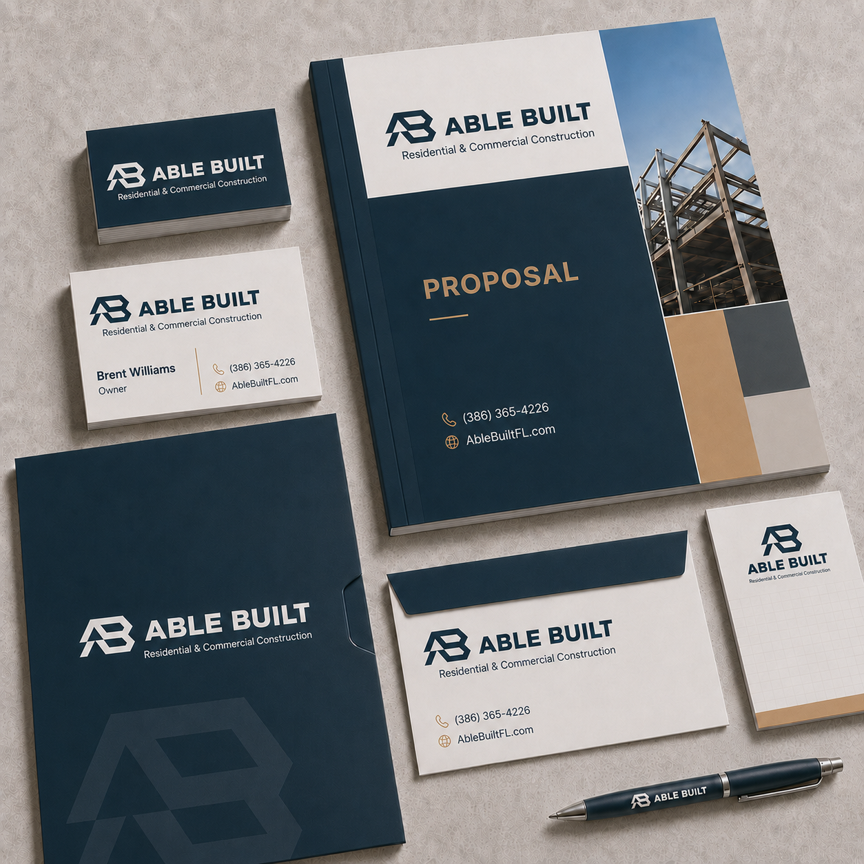 Able Built business cards, proposal folder and print materials