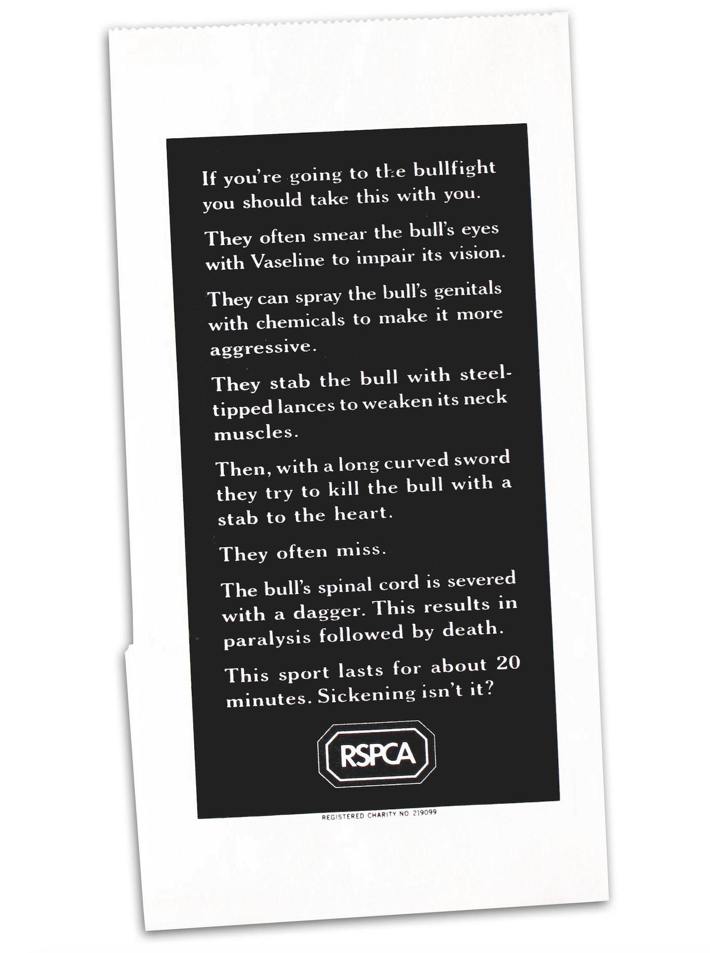 RSPCA - SICK BAG PLACED ON FLIGHTS TO SPAIN 
