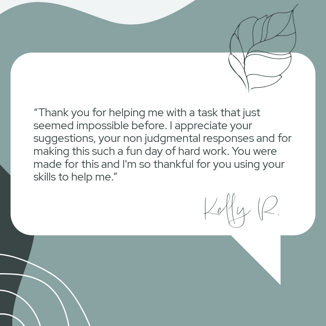 A thank you note with a quote on a green and white background, decorated with a line drawing of leaves.