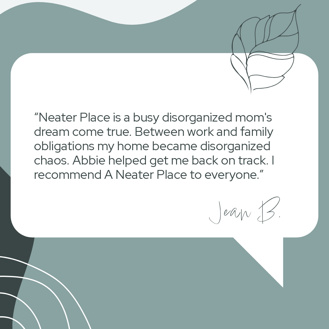 A testimonial quote on a green and white abstract background with leaf illustrations, praising Neater Place for managing household chaos.
