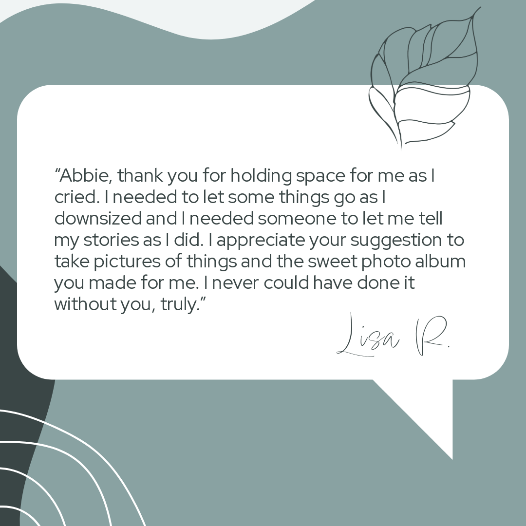 A digital card with a light teal background and dark teal accents, featuring a quote. There is a simple line-drawn leaf illustration in the top right corner and a white speech bubble containing a heartfelt message from Lisa R. to Abbie.