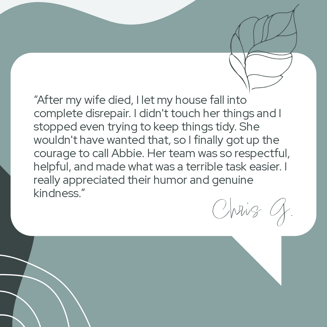 A quote about loss and gratitude from Chris G., over a muted green background with abstract leaf and line art decorative elements.