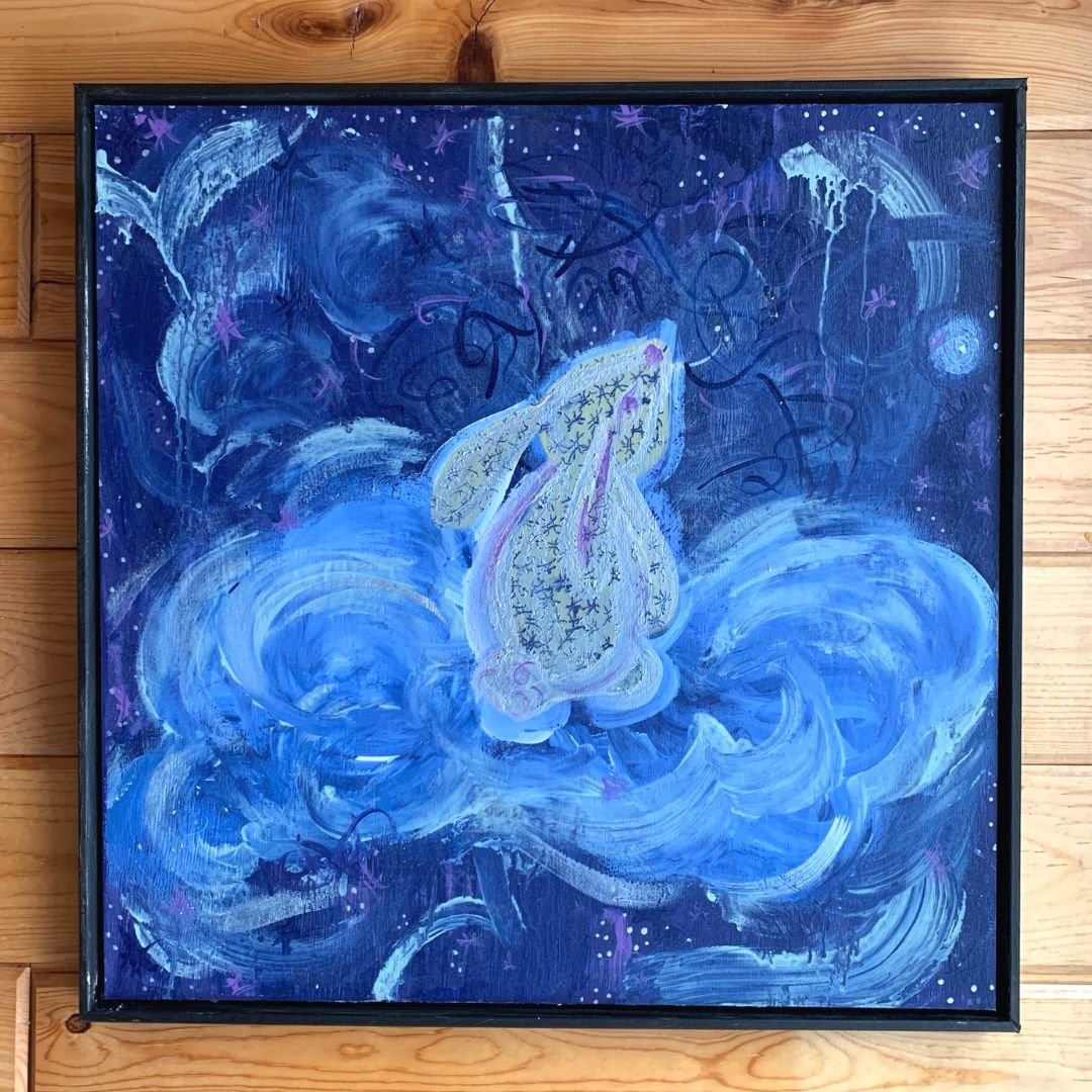 "The Jade Rabbit & the Moon Goddess" original 21"x21" latex and acrylic painting on wood panel created in Autumn 2021 by Nancy X. Valentine