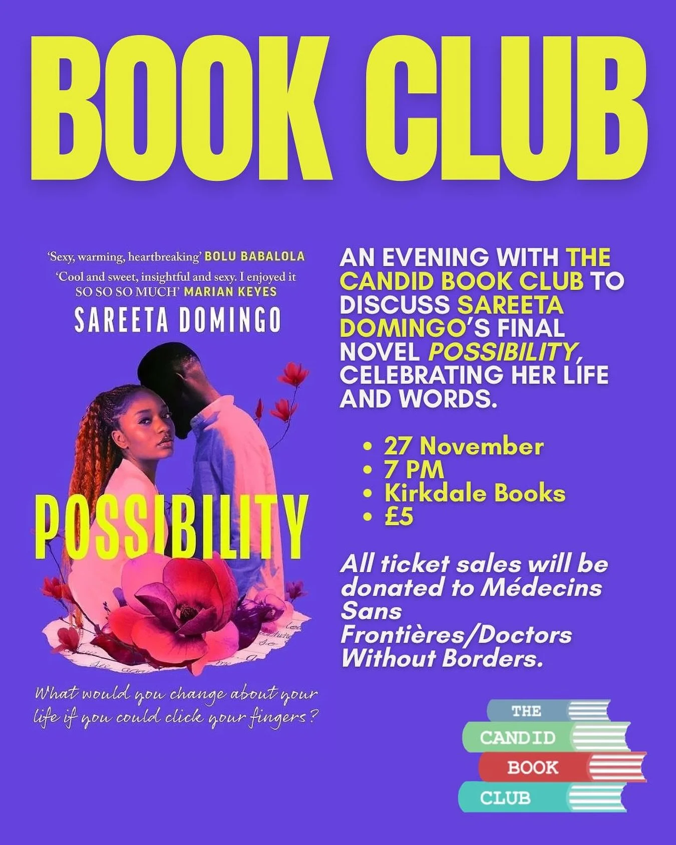 📣📣EVENT ANNOUNCEMENT📣📣

💜POSSIBILITY BOOK CLUB💜

Join us at Kirkdale Bookshop next month for a special evening in which we discuss Sareeta Domingo&rsquo;s final novel, Possibility. 

Sareeta Domingo passed away in September 2025. She was an aut
