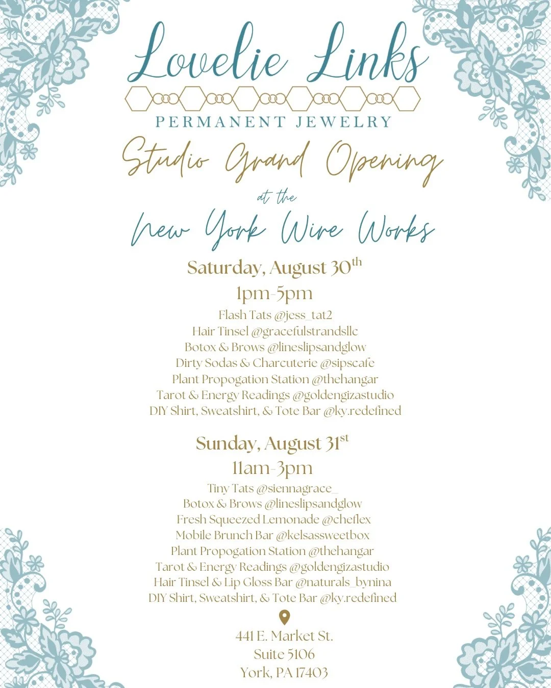 ✨ GRAND OPENING WEEKEND ✨
Lovelie Links Permanent Jewelry Studio
📍Inside New York Wire Works
📅 Saturday, 8/30 | 1&ndash;5 PM
📅 Sunday, 8/31 | 11 AM&ndash;3 PM
🚗 Free Parking in our lots both days!

Join us inside the New York Wire Works building 