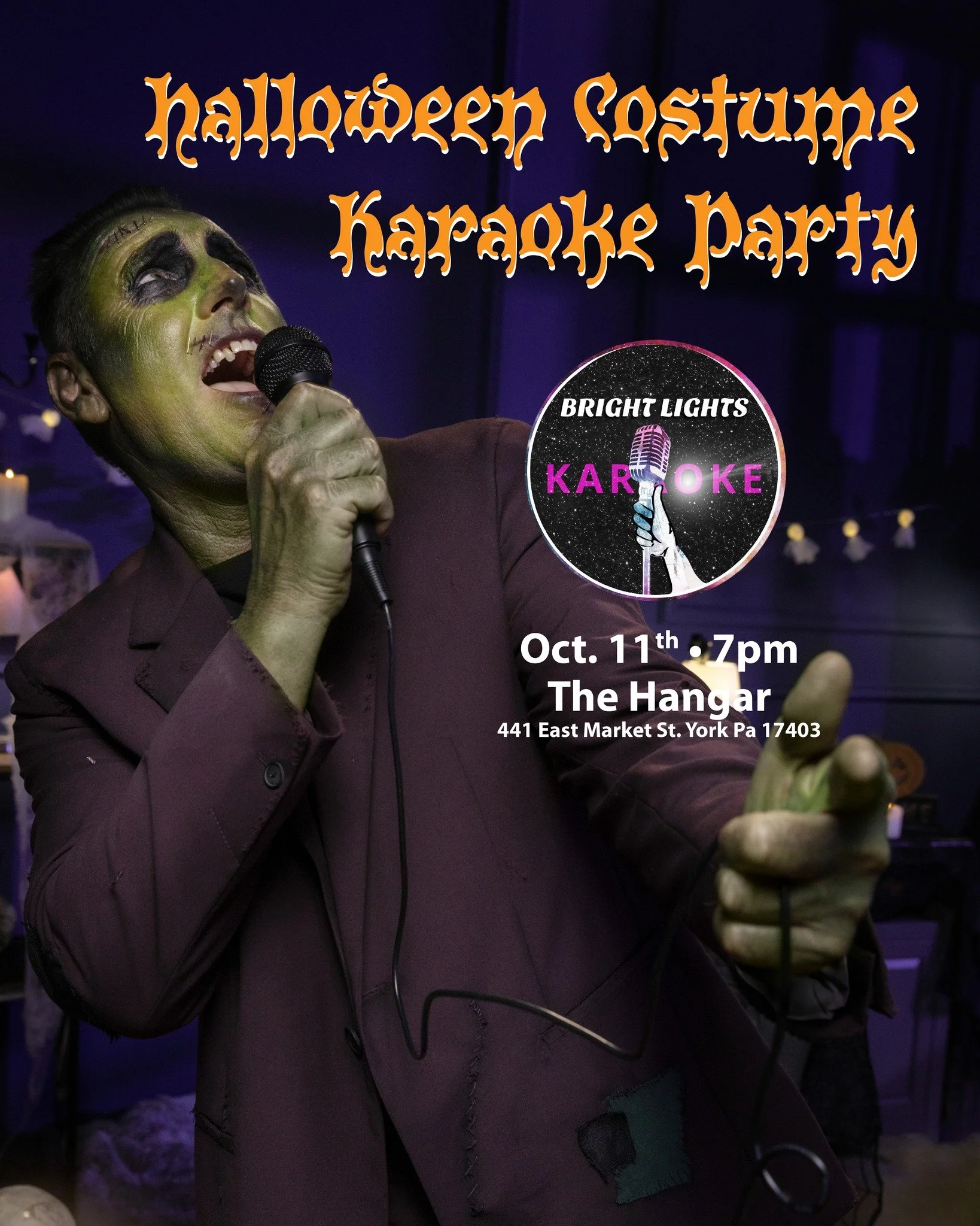 🎃 Costume Karaoke Party
Saturday, October 11th 7pm at The Hangar
Join Bright Lights Karaoke at the Hangar for a special spooky season edition of our second Saturday karaoke night. Bring your costume A-game and warm up your vocal chords for Halloween