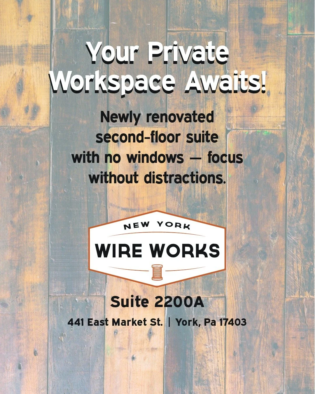 Suite 2200A | 437 Sq. Ft. | $460/month

Looking for focus + privacy? 👀
This newly renovated second-floor suite has no windows (hello, zero distractions!), hardwood floors, and is just steps from the elevator by the east entrance.

✅ 437 Sq. Ft.
✅ $4